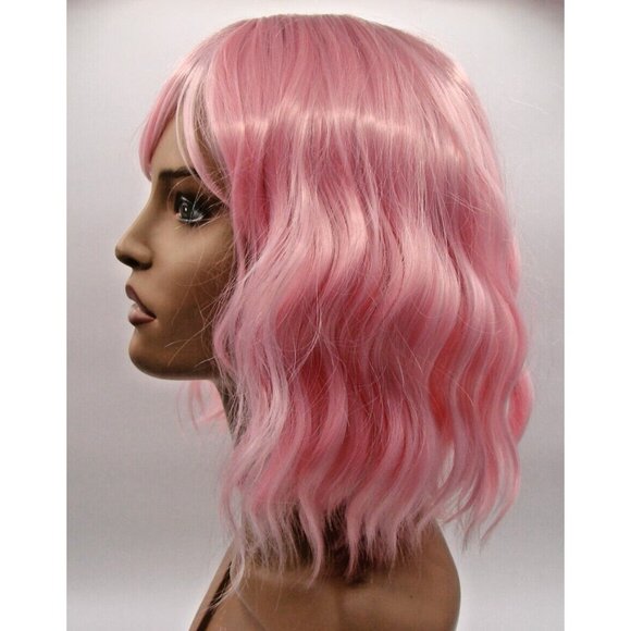 G&T Pink Wig Sweeping Bangs Natural Wave Curly Full Wig 12" Lace Mesh Cap Cospla - Picture 4 of 13